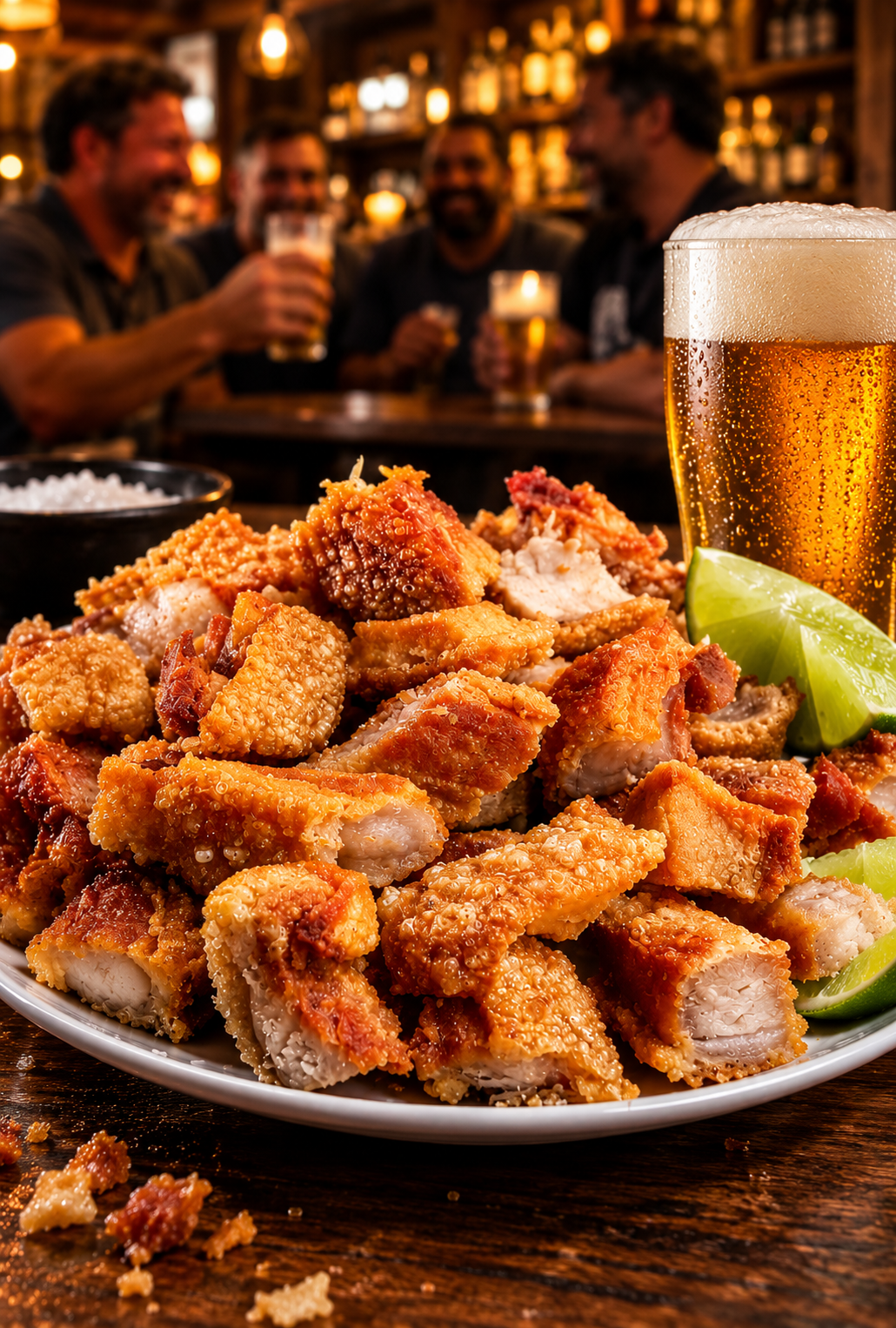 Porção de torresmo crocante com cerveja gelada no boteco do Seu Zé