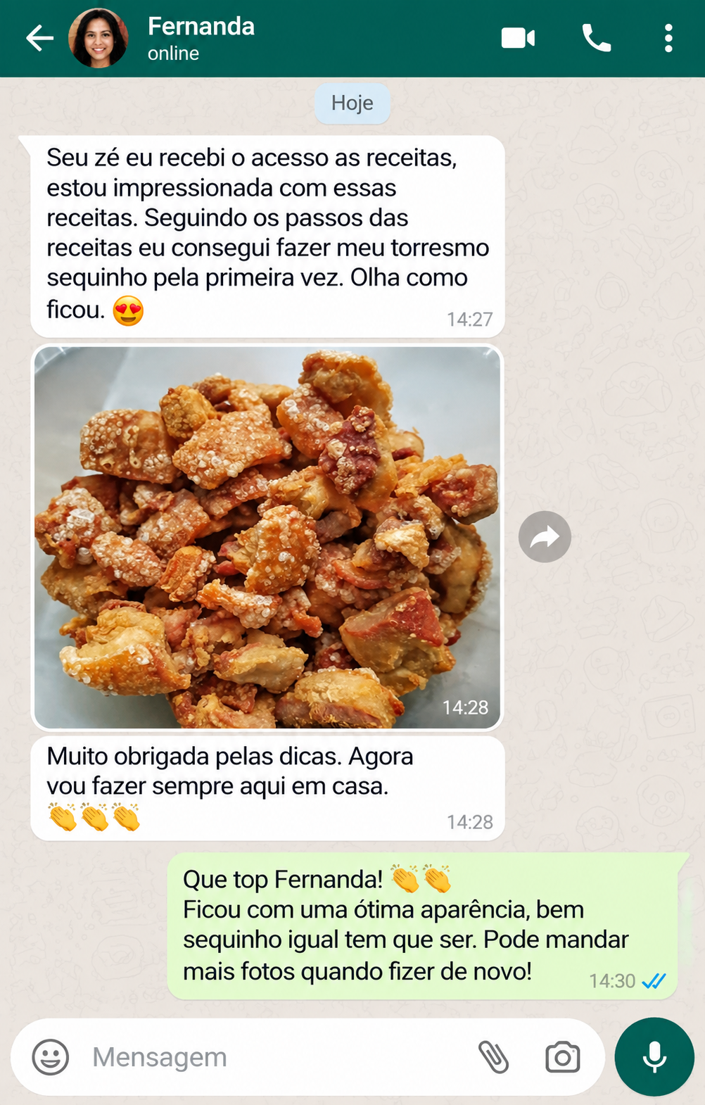 Depoimento de Fernanda no WhatsApp: torresmo sequinho feito com as receitas do Seu Zé